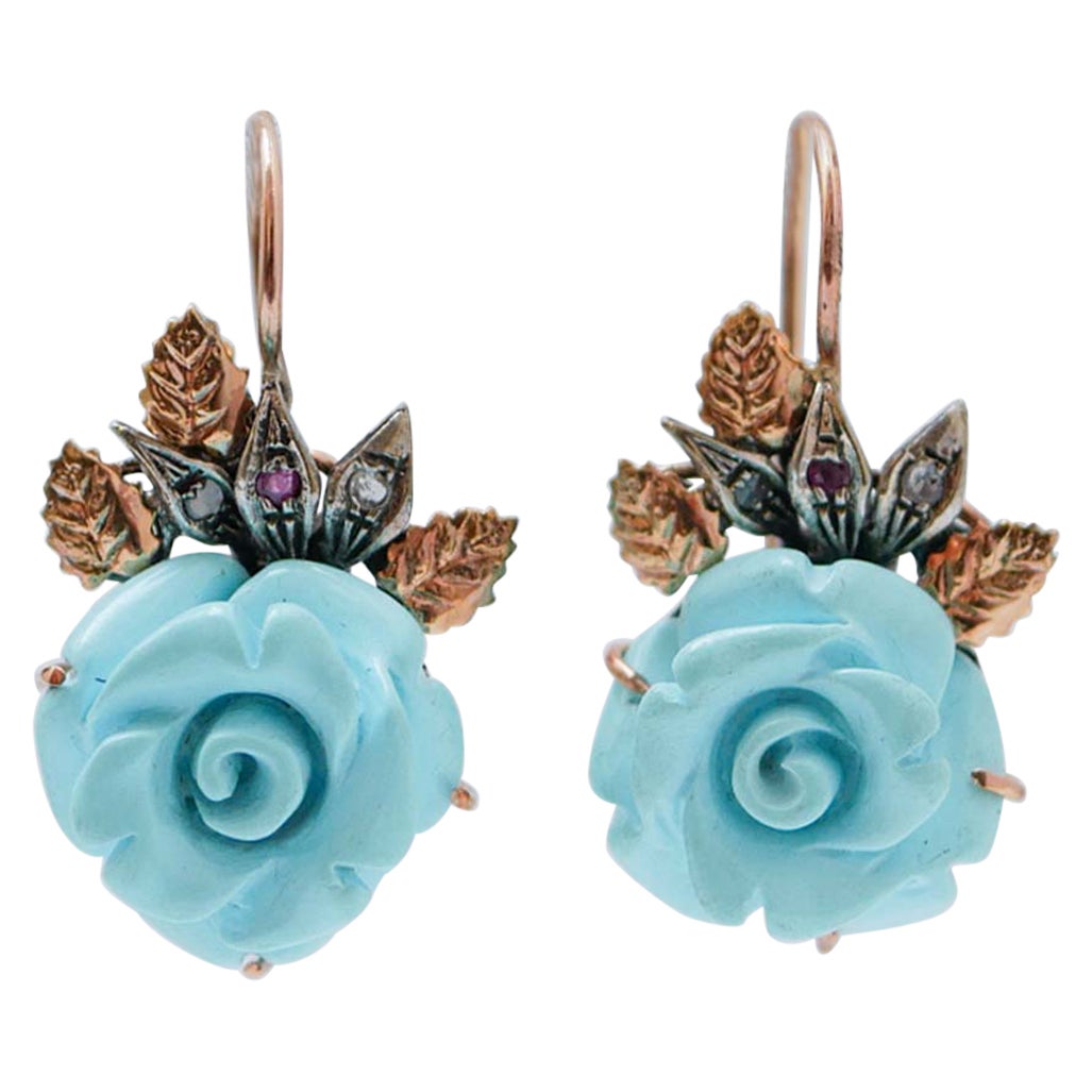 Pendientes de Turquesa, Rubíes, Diamantes, Oro Rosa y Plata.