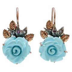 Turquoise, Rubies, Diamonds, Rose Gold and Silver Earrings.