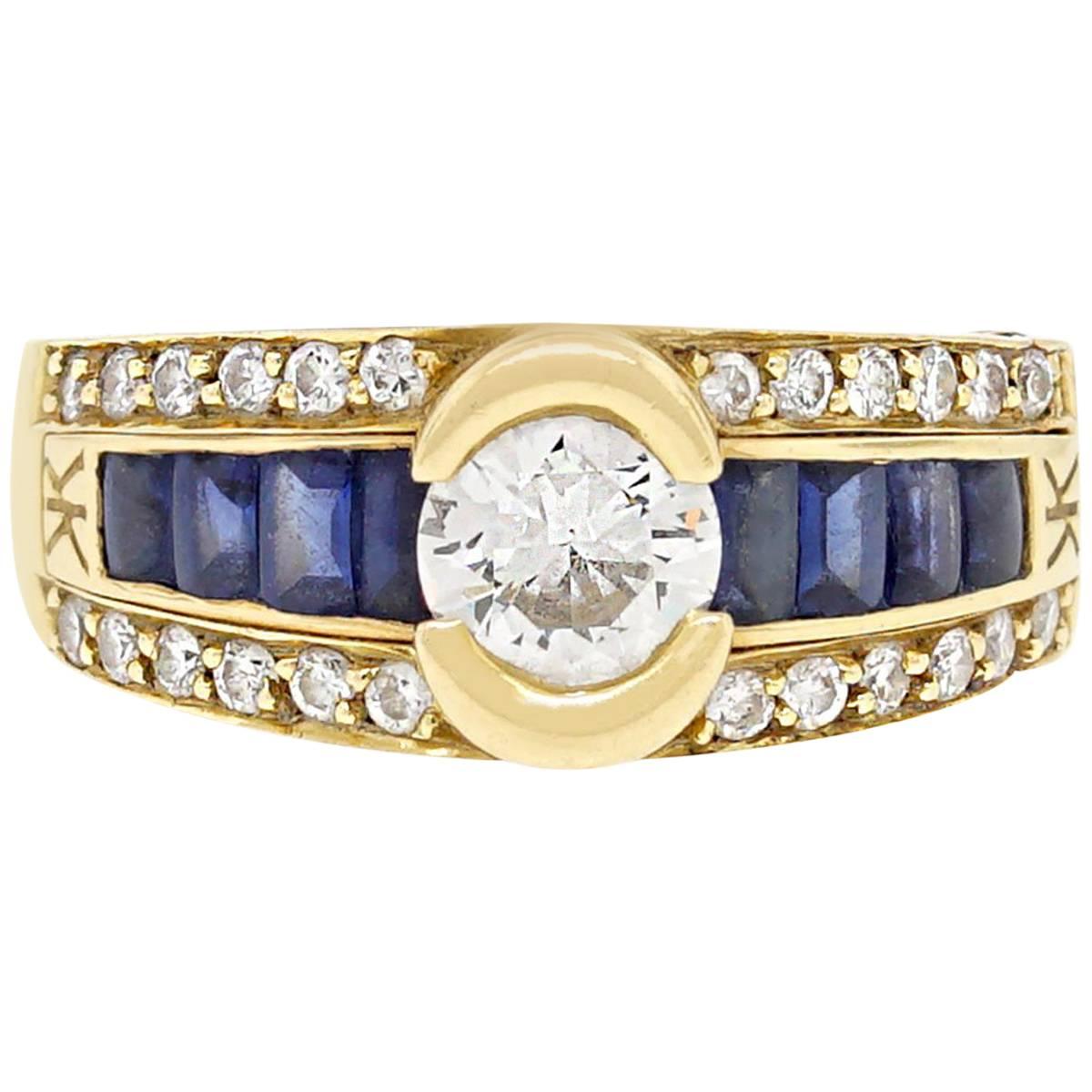 0.80 Carat Diamond Sapphire Yellow Gold Ring