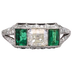 Antique 1.00 Carat Square Diamond Emerald Onyx Platinum Ring