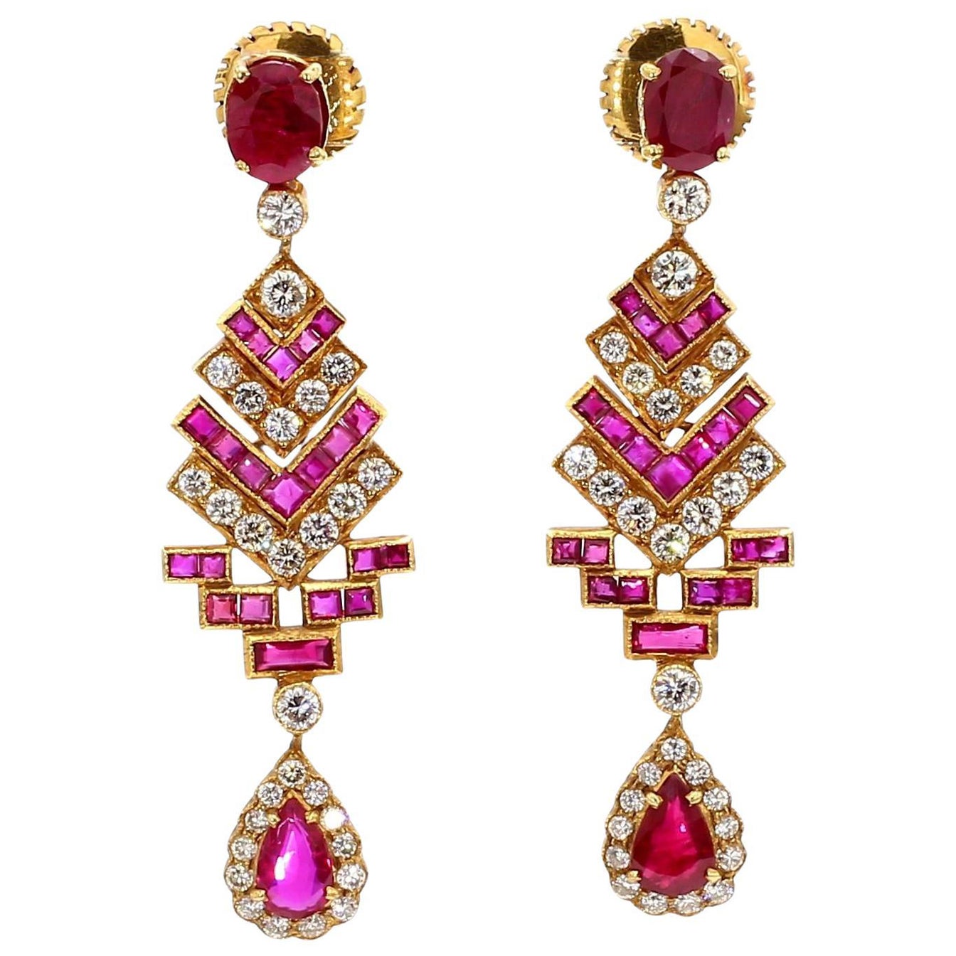 4 Carat Ruby and 3 Carat Diamond Art Deco Style 14K Earrings