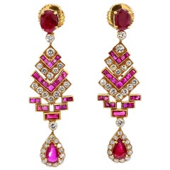 4 Carat Ruby and 3 Carat Diamond Art Deco Style 14K Earrings