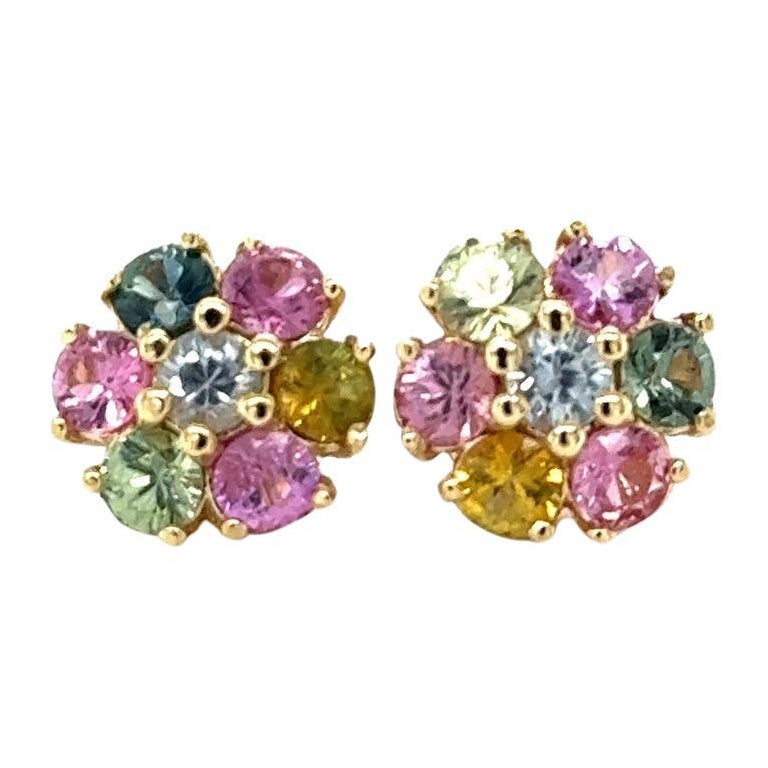 3.20 Carat Multi-Color Sapphire Yellow Gold Stud Earrings