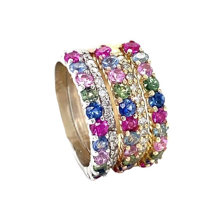 3.48 Carat Multi Color Sapphire Diamond Gold Stackable Bands