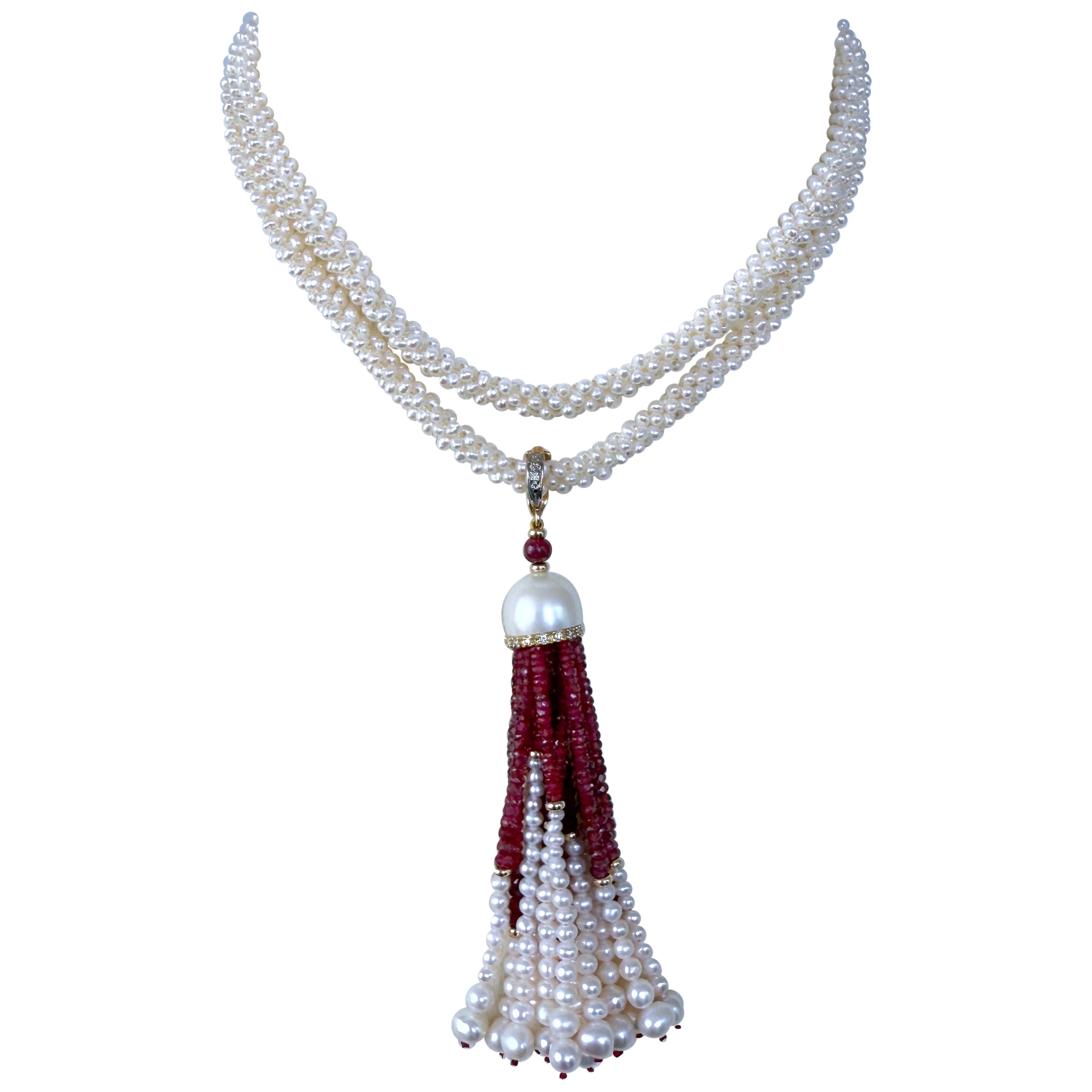Marina J Woven Pearl Sautoir with Ruby, Diamond & Solid 14k Yellow Gold Tassel
