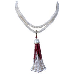 Marina J Woven Pearl Sautoir with Ruby, Diamond & Solid 14k Yellow Gold Tassel
