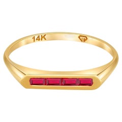 4 Stone Bricks Baguette Cut Lab Ruby 14k Gold Wedding Band.