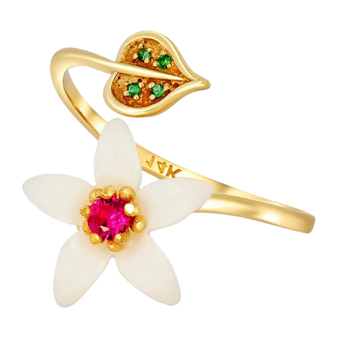 Carved Flower 14k ring with gemstones