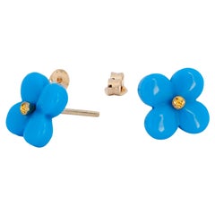 14k gold carved turquoise flower earrings studs.