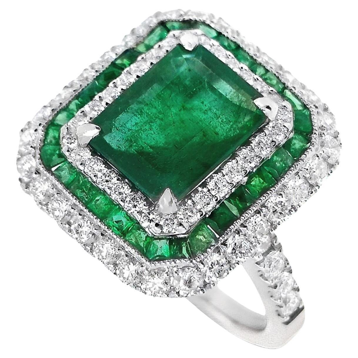 IGI Certified 2.89ct Natural Emeralds 0.87 Carat Natural Diamonds 18K Gold Ring