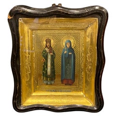 Antique XIXc Russian Icon, Framed & inside Wooden Box, depicting 2 Saints.