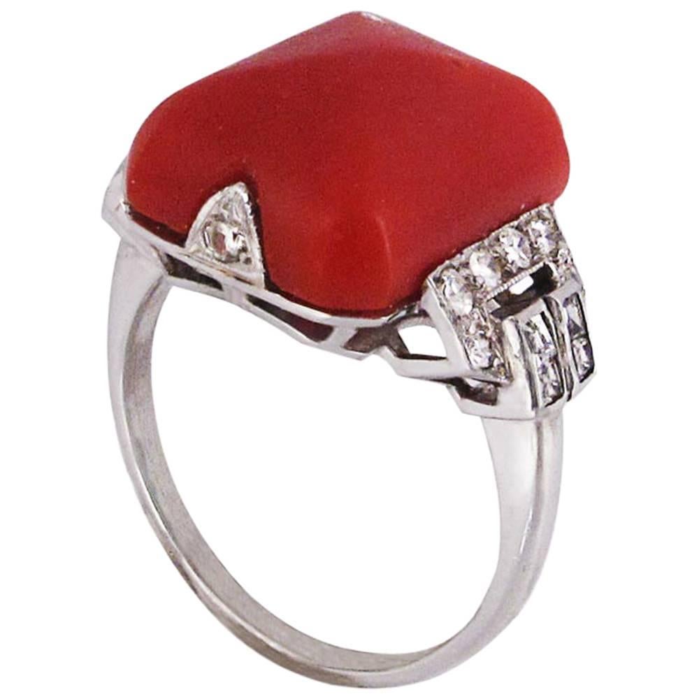 Art Deco Coral Diamond Ring For Sale