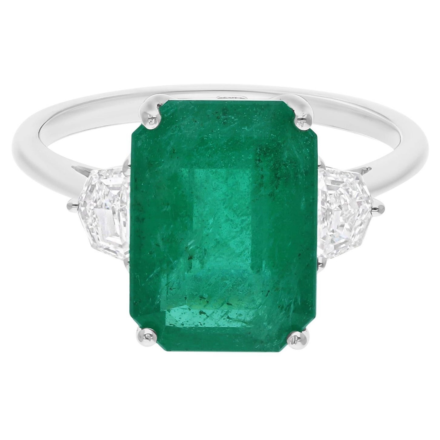 Esmeralda zambiana Anillo de cóctel SI/H Diamante Joyas de oro blanco de 14 quilates