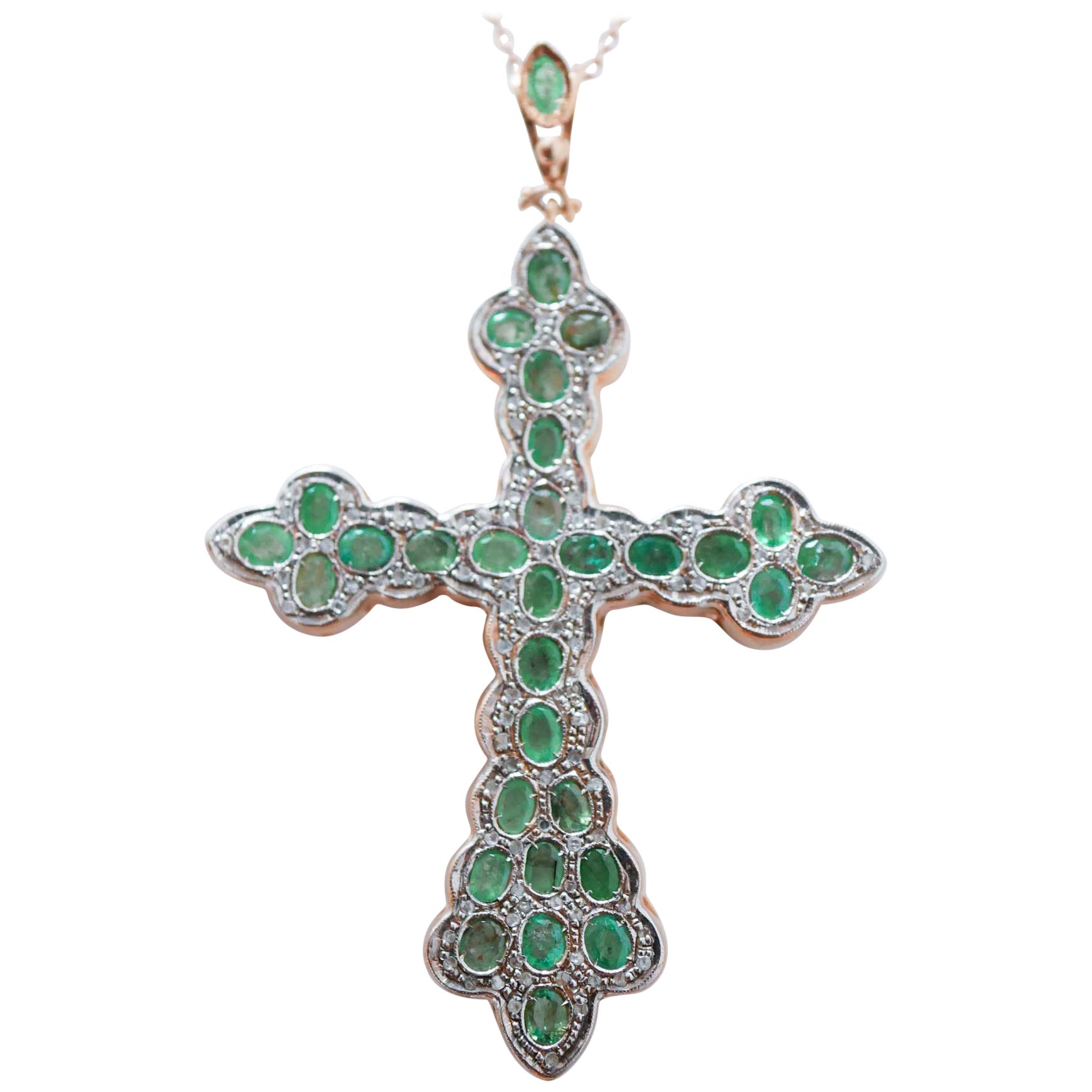 Emeralds, Diamonds, Rose Gold and Silver Cross Pendant Necklace.