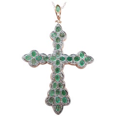 Emeralds, Diamonds, Rose Gold and Silver Cross Pendant Necklace.