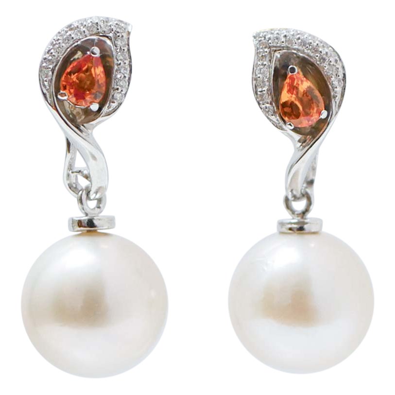 13 Mm White Pearls, Sapphires, Diamonds, 18 Karat White Gold Dangle Earrings.