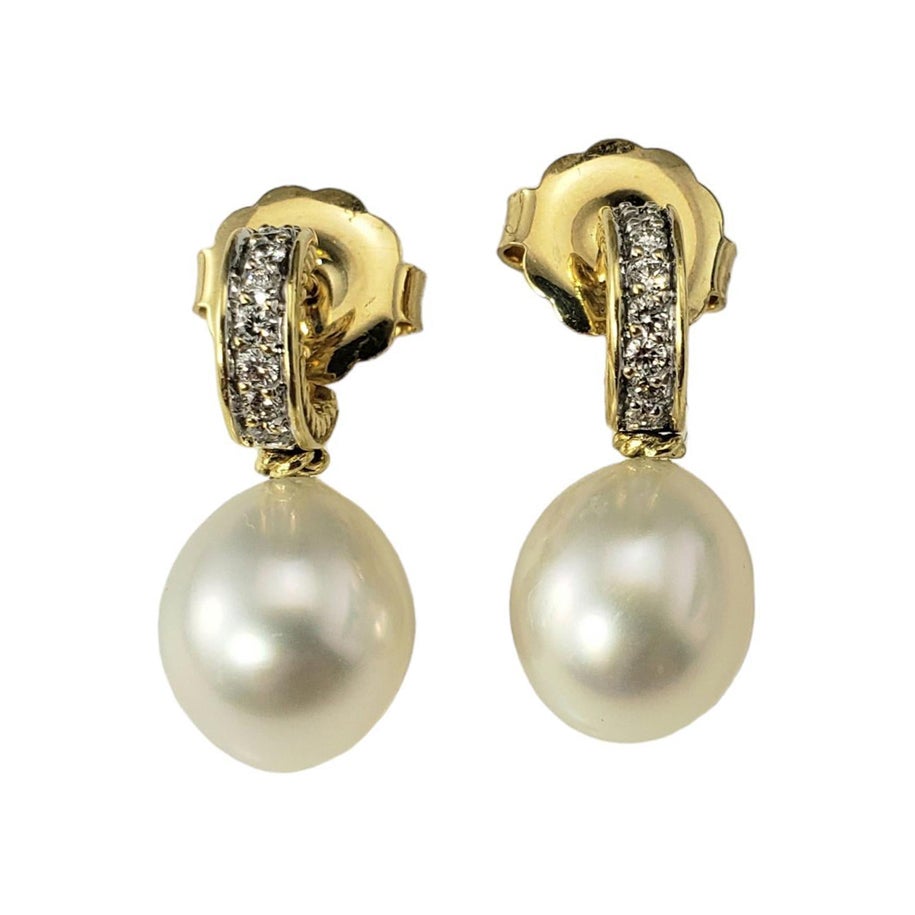 Pendientes colgantes de oro amarillo de 18 quilates con perla oblonga y diamantes #17754 en venta