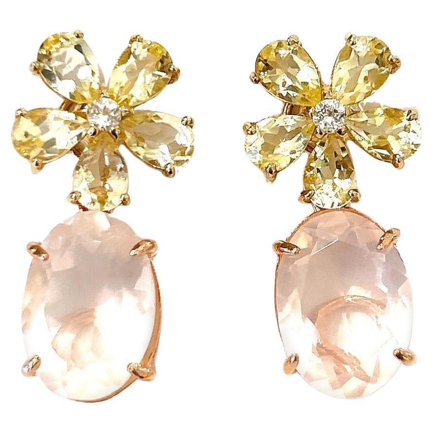 Bochic “Orient” Yellow Citrine & Pink Quartz Earrings Set In 18K Gold & Silver