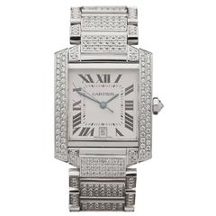  Cartier Ladies White Gold Pavé Diamonds Tank Francaise Quartz Wristwatch