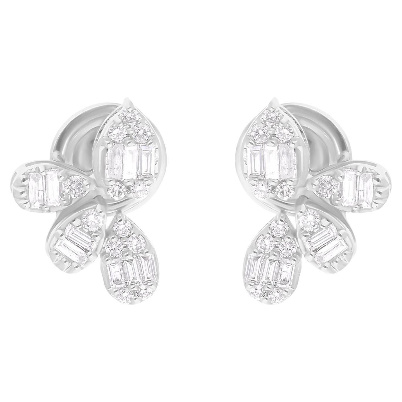 Pendientes finos de diamantes redondos baguette SI/H naturales de 0,43 quilates y oro blanco de 14 quilates