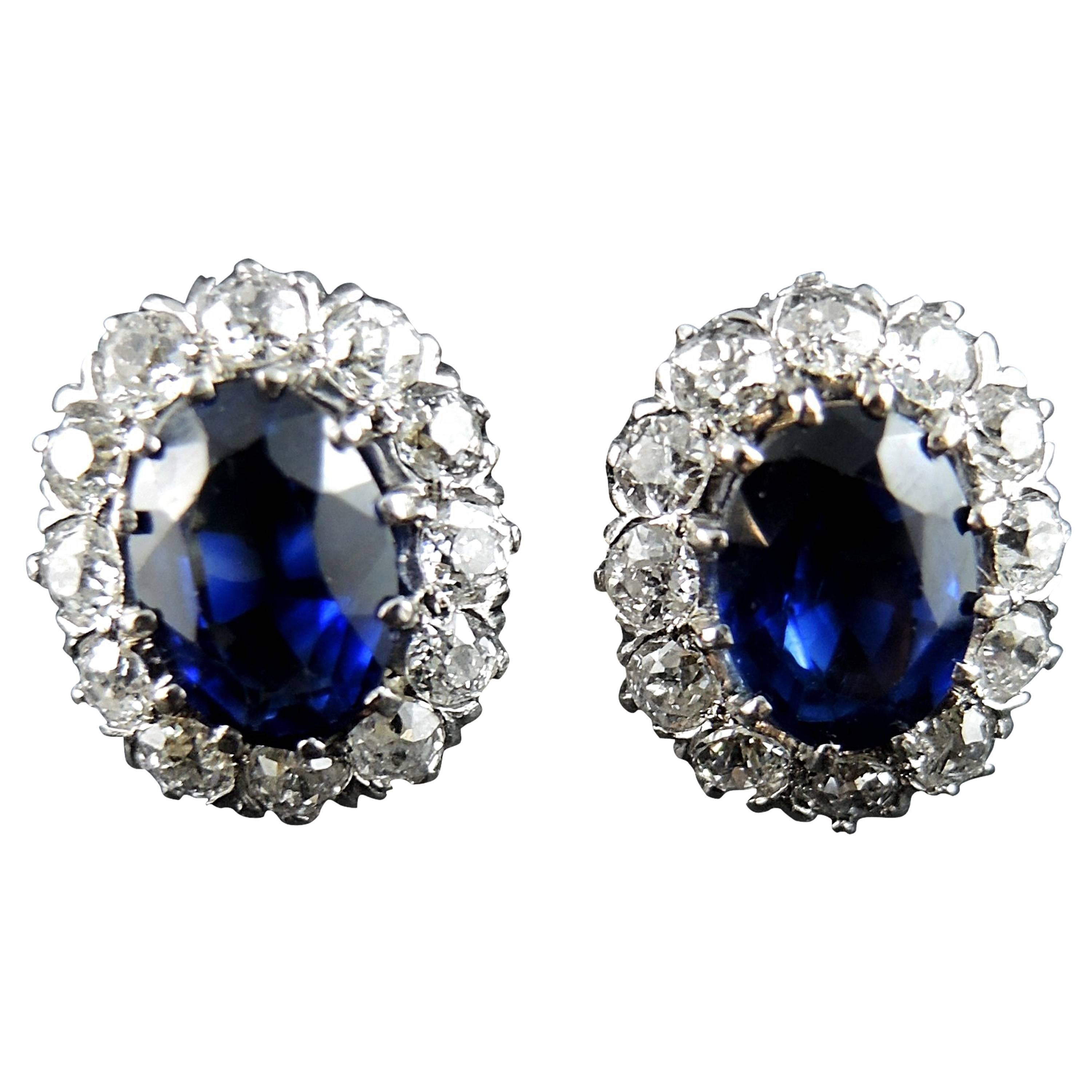 Diamonds And "Royal Blue" Synthetic Sapphire Cluster Earrings For Sale