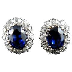 Diamonds And "Royal Blue" Synthetic Sapphire Cluster Earrings