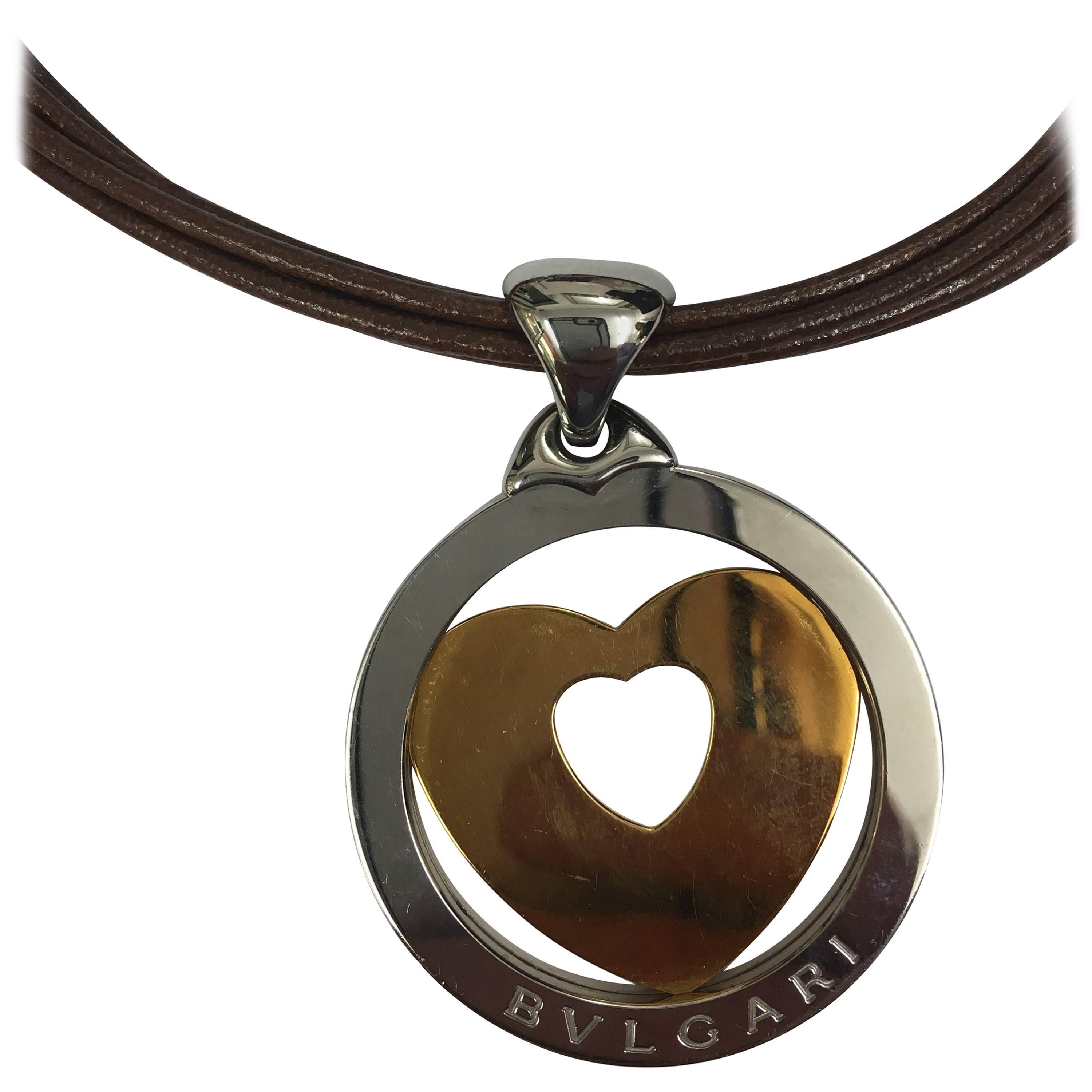 Bvlgari BULGARI Heart Tondo Pendant and Leather Necklace For Sale