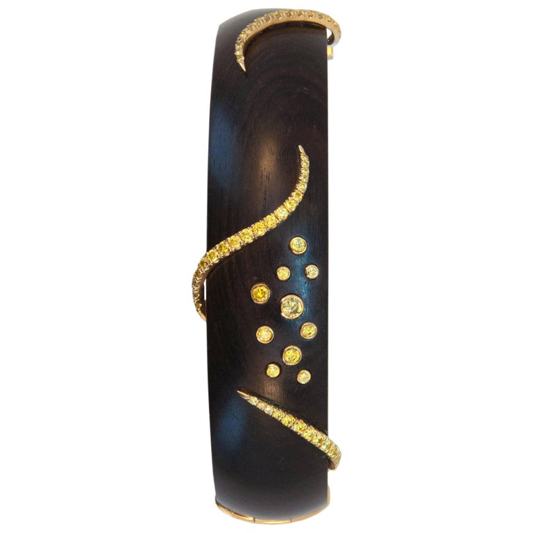 Laura Munder Grenadill Wood and Yellow Diamond Gold Bangle Bracelet For Sale