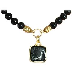 Elizabeth Locke Onyx Intaglio Yellow Gold Pendant with Onyx Beads Necklace 