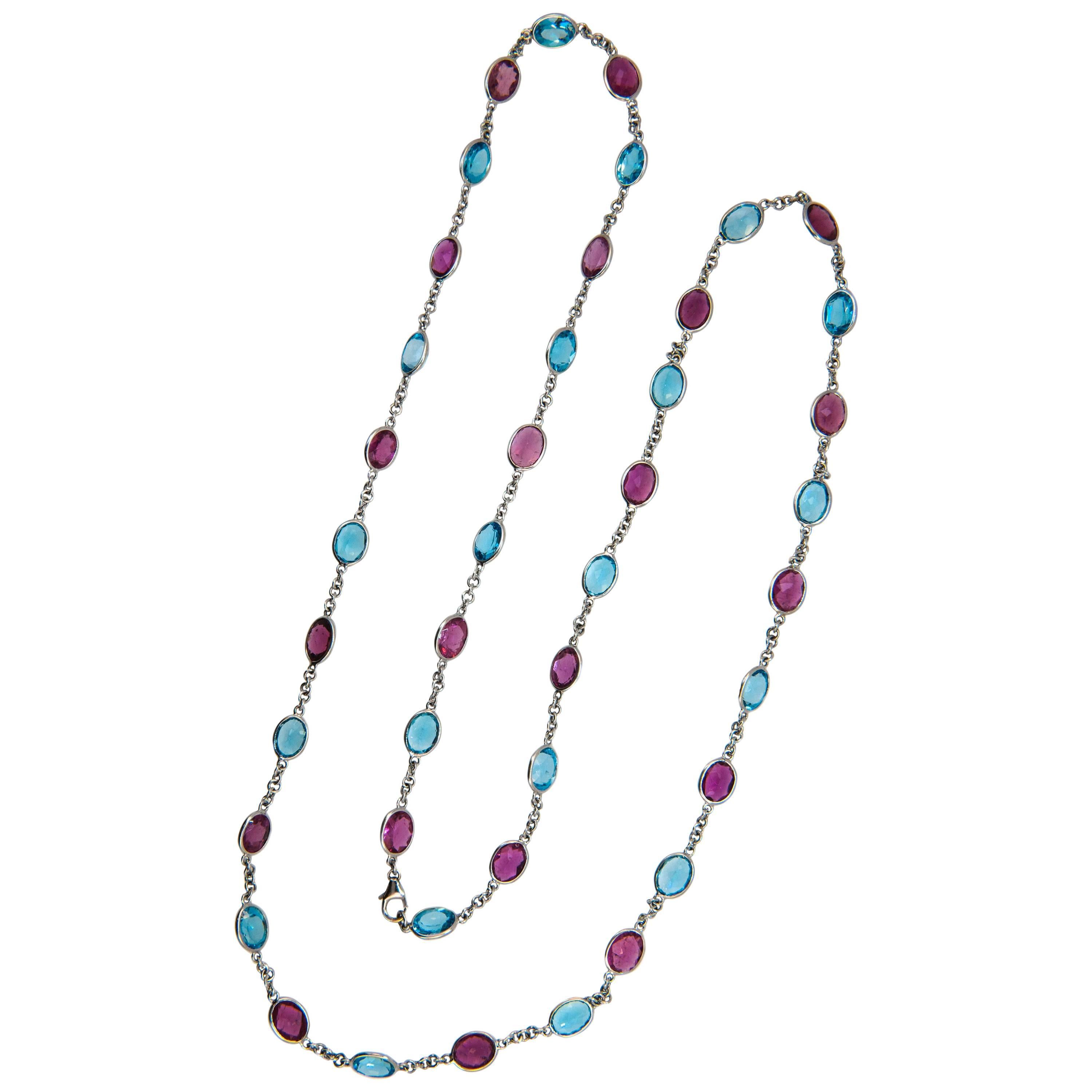 Laura Munder Pink Tourmaline Blue Topaz Chain White Gold Necklace