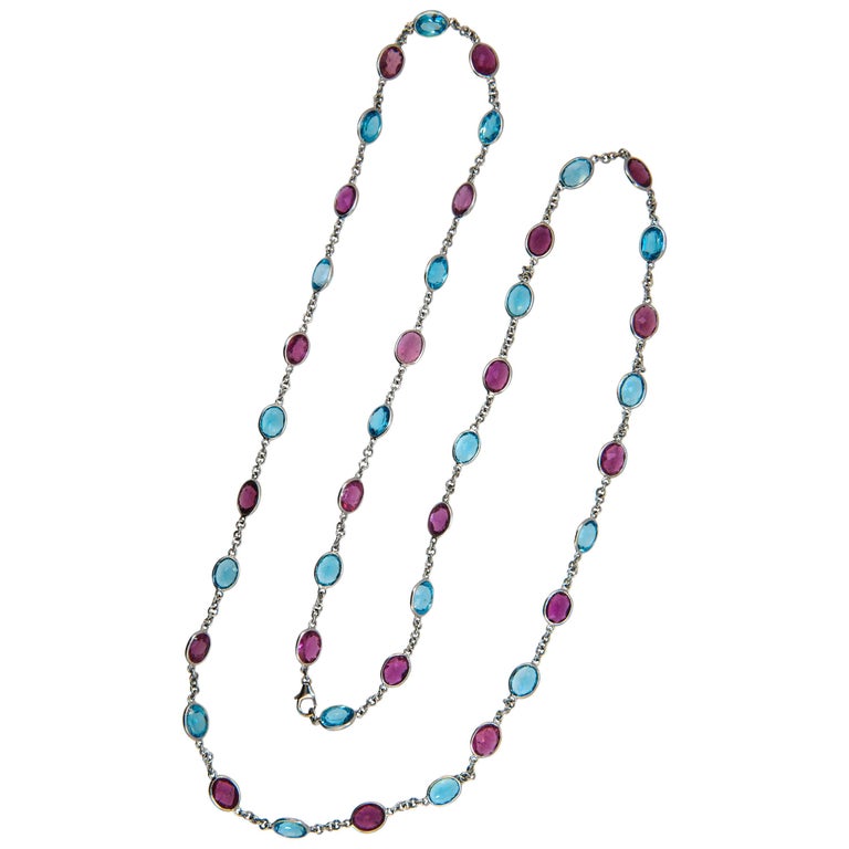 Laura Munder Pink Tourmaline Blue Topaz Chain White Gold Necklace For Sale