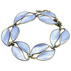 Art Deco Blue Enamel Leaf Bracelet in Sterling Silver