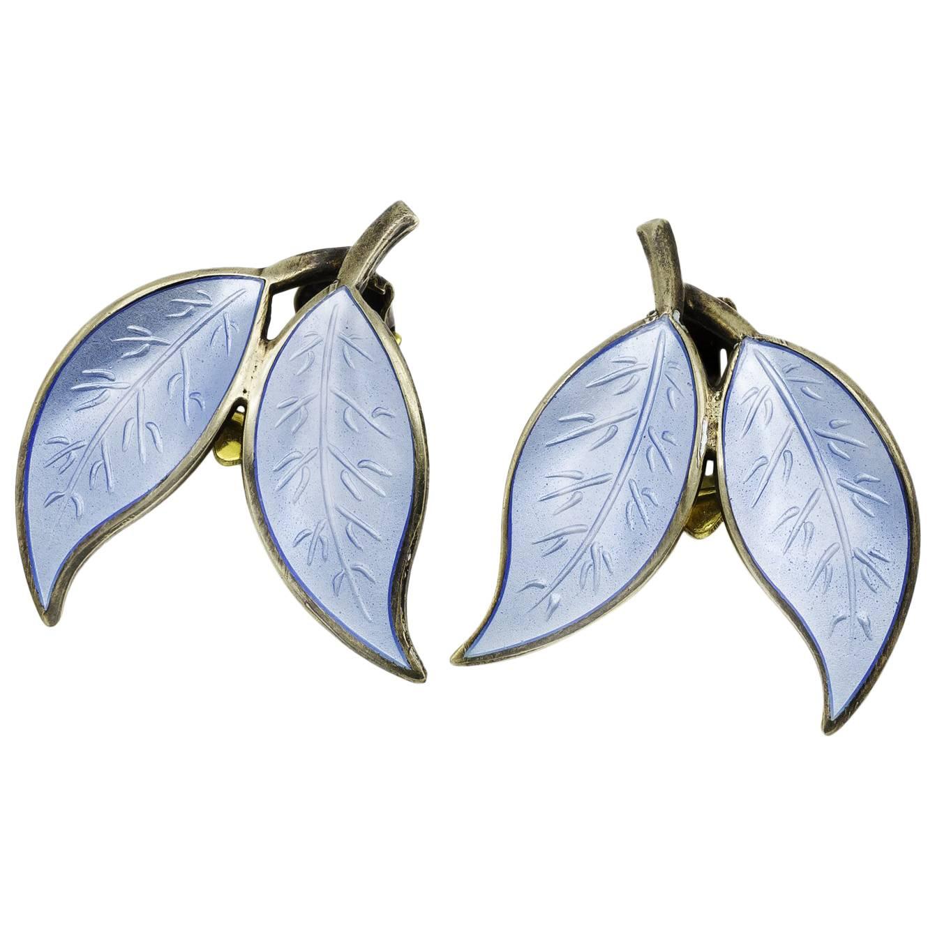 Light Blue Guilloche Enamel Leaf Clip-On Earrings in Sterling Silver