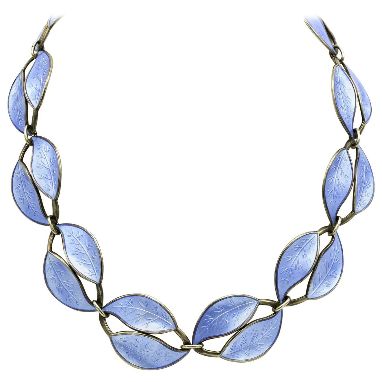 Light Blue Enamel Guilloche Leaf Antique Necklace in Sterling Silver