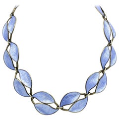 Light Blue Enamel Guilloche Leaf Antique Necklace in Sterling Silver