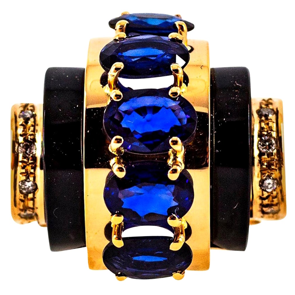 Art Deco Style 3.75 Carat White Diamond Blue Sapphire Onyx Yellow Gold Ring