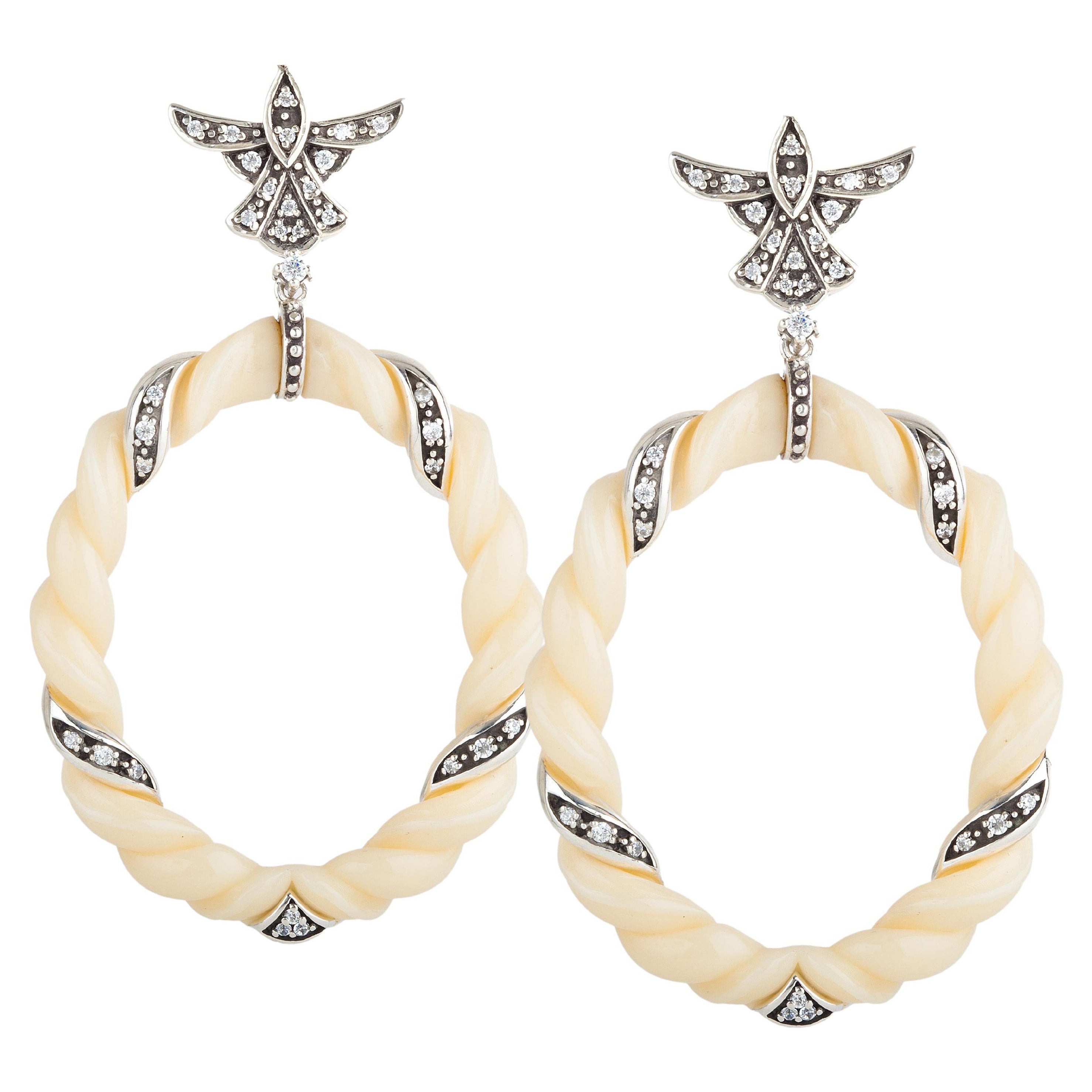 Miriam Salat Sterling Silver and Ivory Color Resin Earrings Set with White Topaz