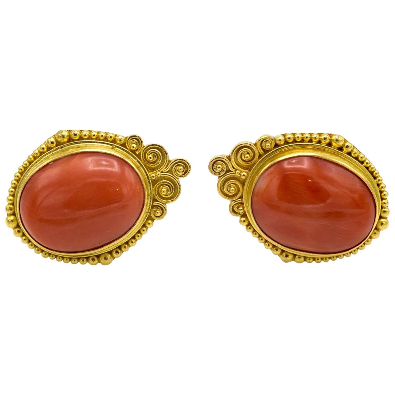 Natural Coral Gold Stud Earrings For Sale