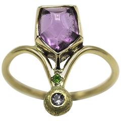 Pink Tourmaline,Green Diamond,White Diamond in Yellow Gold Ring 9