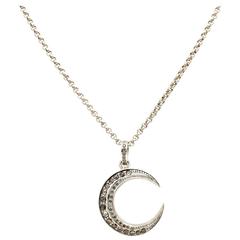 White and Champagne Diamond Moon Pendant Set in Black Oxidized Sterling Silver