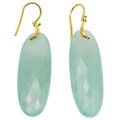Large Oval Faceted Seafoam Chalcedony Earrings in Gold 2