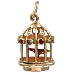 Gold Ruby and Diamond Bird in Birdcage Charm