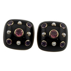 Trianon Clip On Earrings Black Onyx Tourmaline Amethyst Pearl 14k Yellow