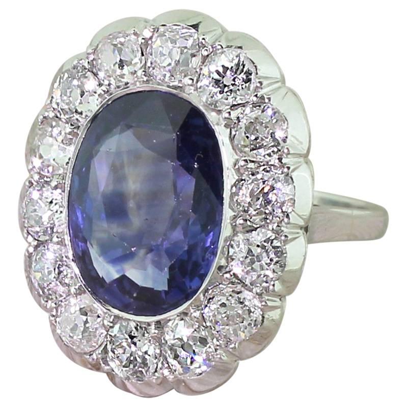 Mid-Century 6.50 Carat Natural Ceylon Sapphire and Old Cut Diamond Ring For Sale