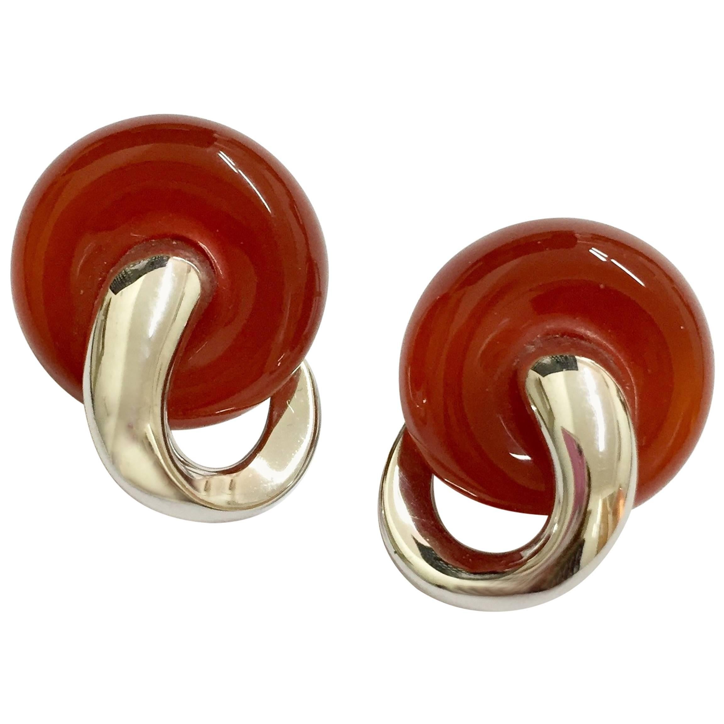 Red Agate Sterling Silver White Gold-Plated Earrings For Sale