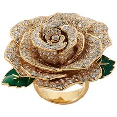 E Wolfe Enamel Diamond Gold Rose Flower Ring