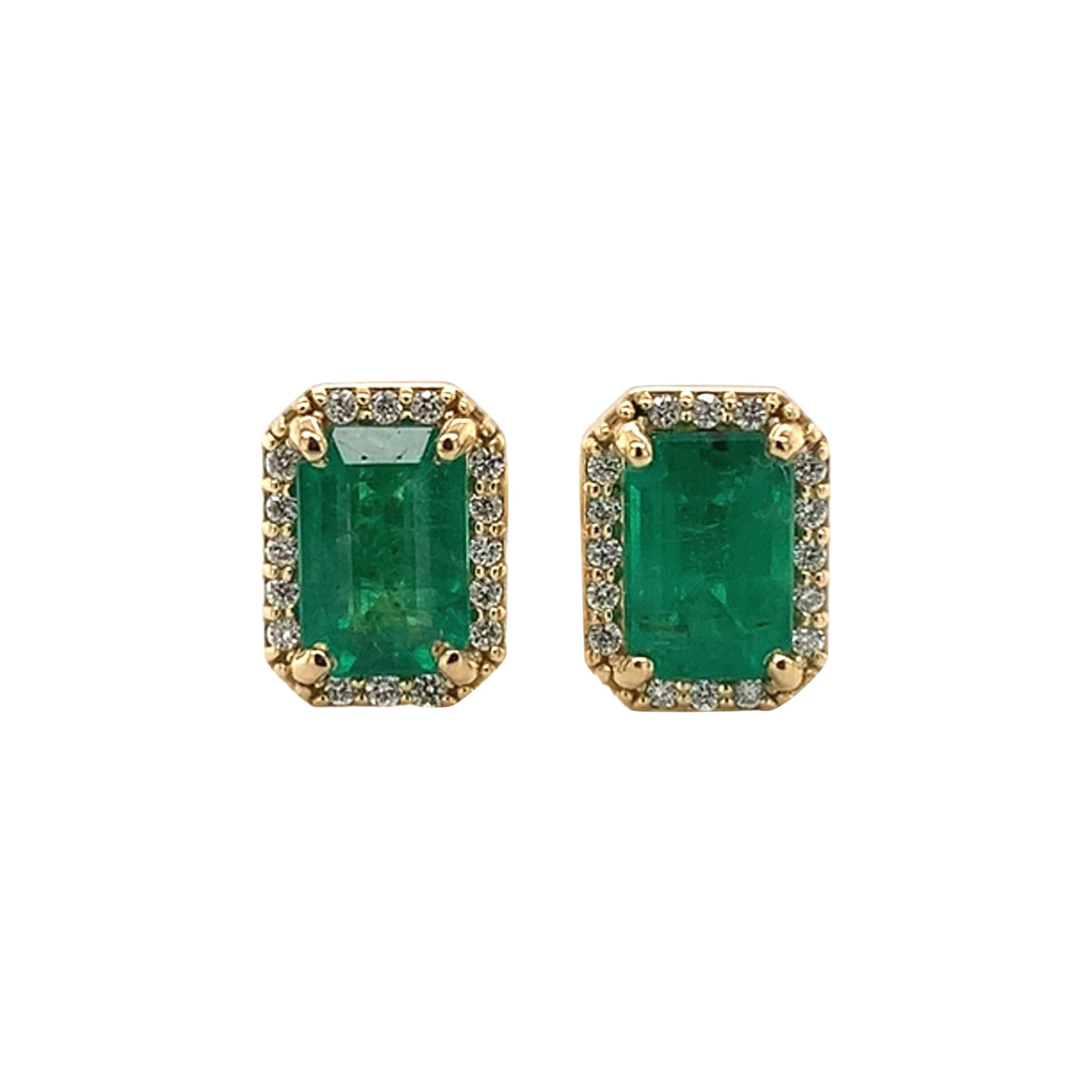 18K Yellow Gold 1.16cttw Fine Emerald and Diamond Stud Earrings