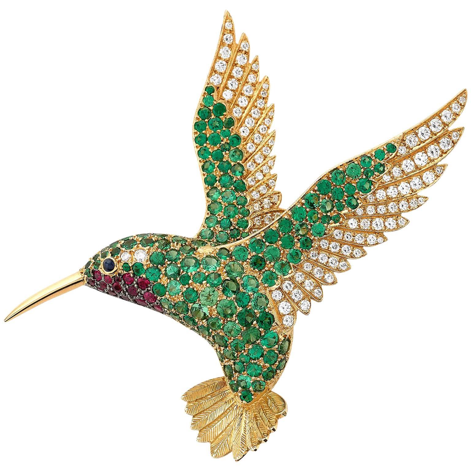 E Wolfe Diamond Tsavorite Garnet Ruby Gold Hummingbird Brooch For Sale