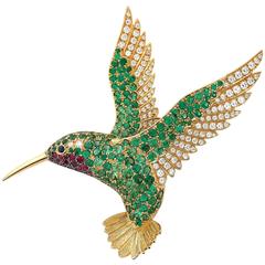 E Wolfe Diamond Tsavorite Garnet Ruby Gold Hummingbird Brooch