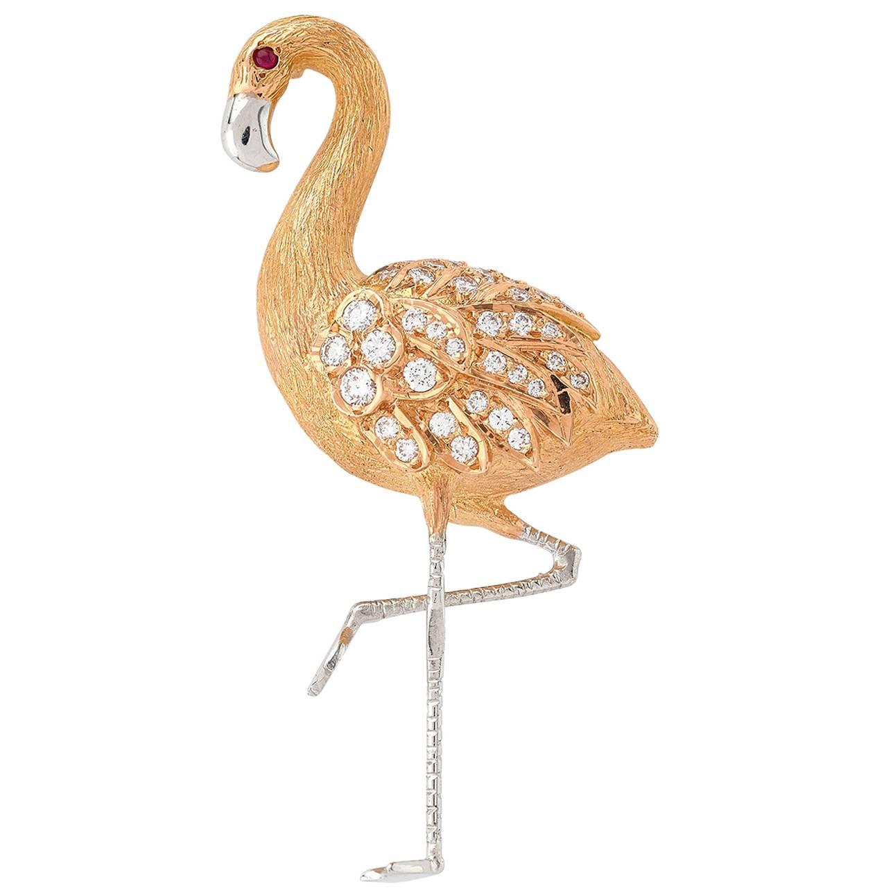 E Wolfe Diamond Ruby Gold Flamingo Brooch For Sale